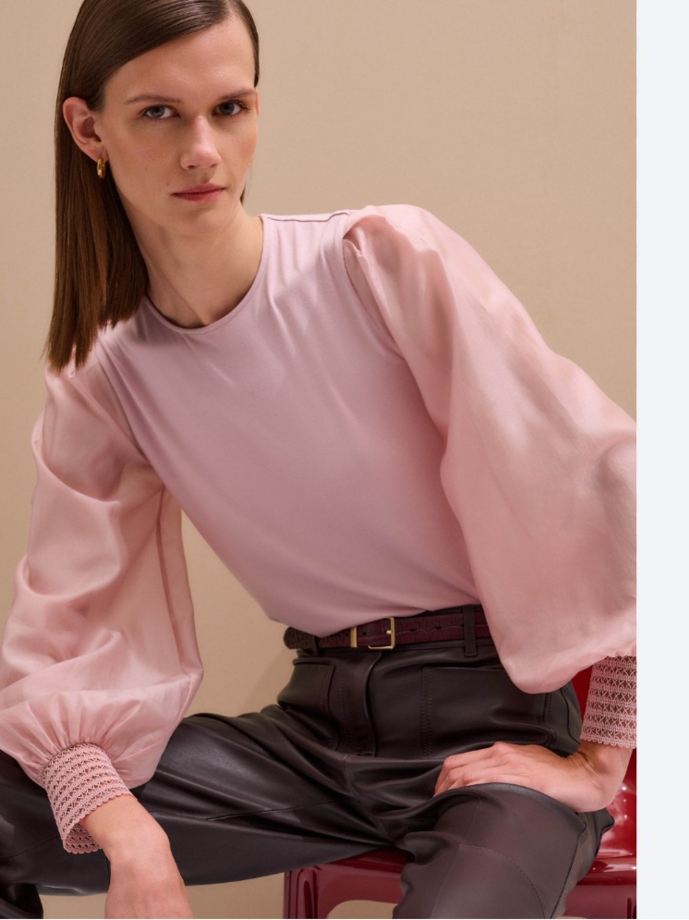 ME+EM Top Layering Blouse Sheer Mixed Media in Pink